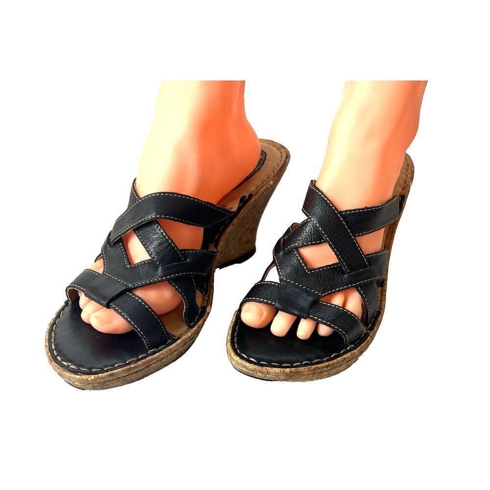 Born Womens Sz 10M Wedge Cork Heel Sandals Leather Black Casual Slip On Open Toe